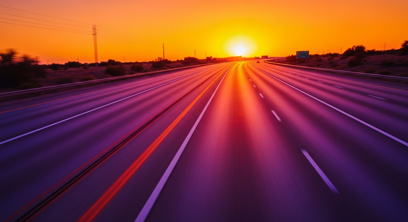 A vibrant, abstract image of blurred vehicle motion, conveying the speed and energy of travel along the I-35 highway.