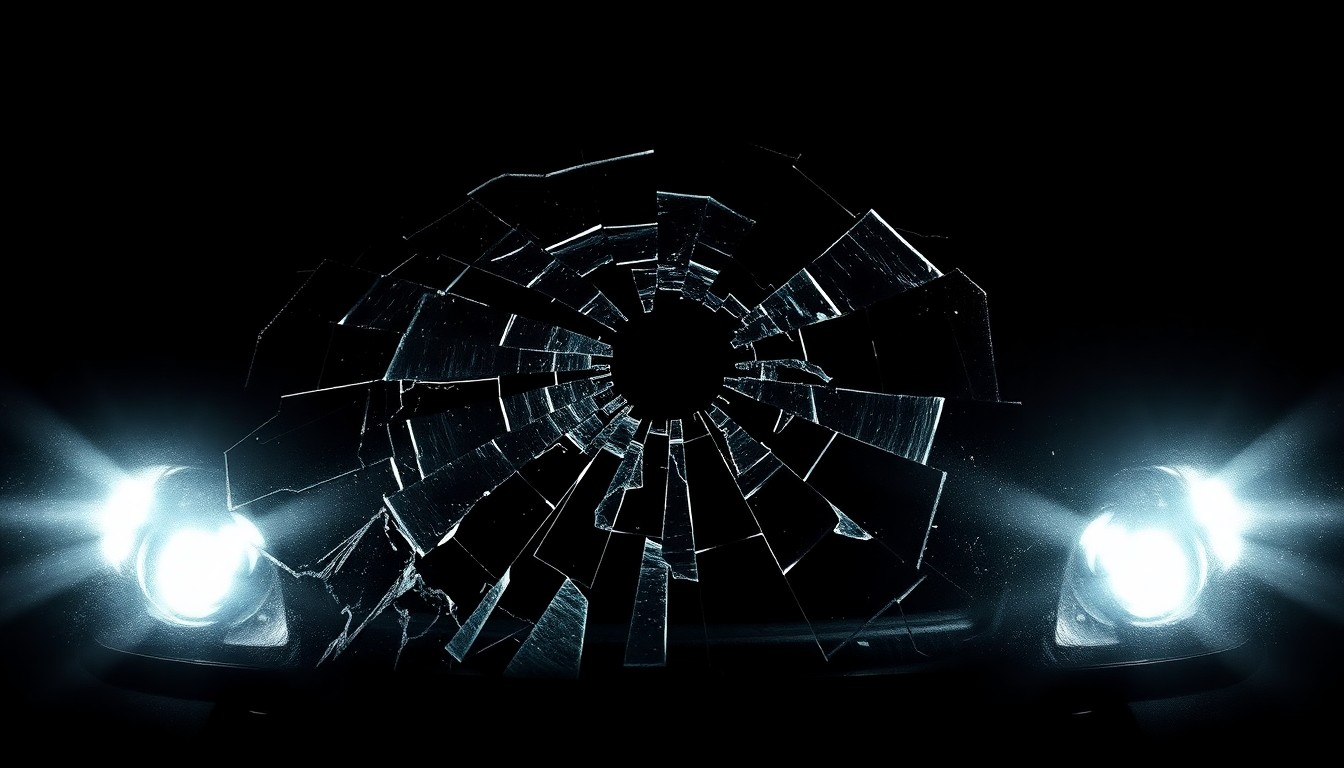 An extreme close-up photograph of a shattered car windshield or headlight lens, lit by a harsh, direct camera flash against a pitch-black background, conceptually illustrating the grim aftermath of a fatal car crash.