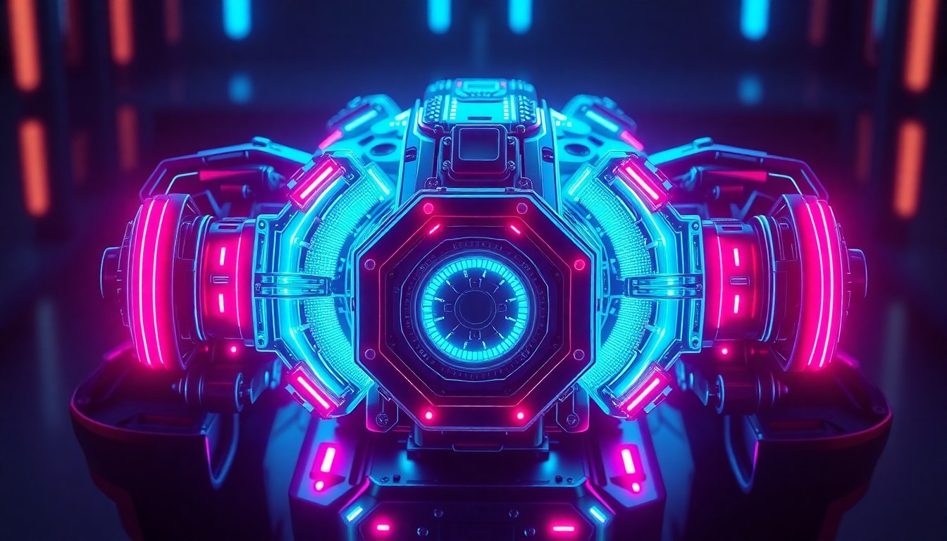 A highly detailed, glowing 3D illustration of a futuristic autonomous vehicle sensor array, with neon cyan and magenta lights illuminating the intricate cybernetic hardware, conceptually representing the advanced technology behind self-driving cars.
