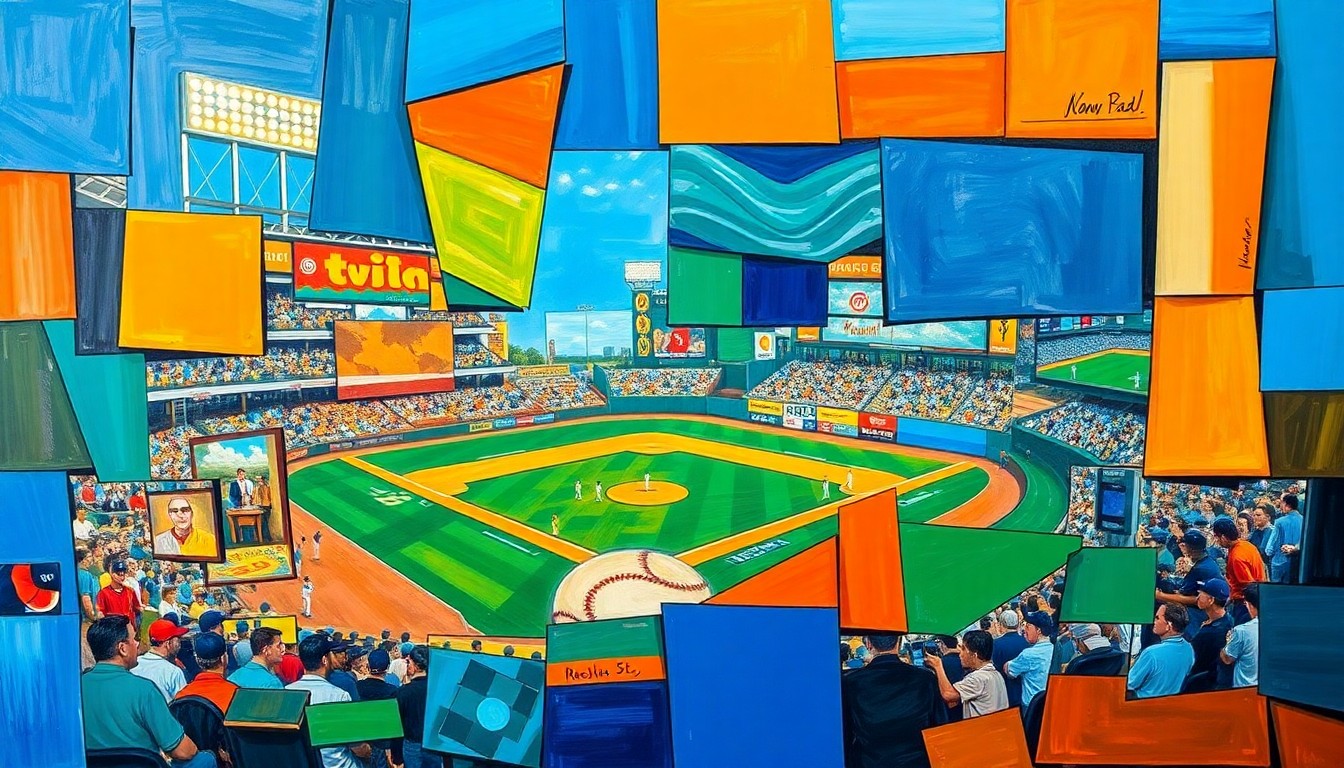 A fragmented, geometric painting depicting a baseball game or match, with sharp planes of color and overlapping perspectives, conveying the intensity and energy of the sport.