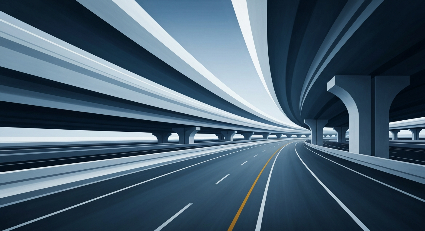 A highly stylized, geometric illustration depicting the sweeping curves and towering scale of an interstate highway, rendered in a bold, Art Deco-inspired visual style with smooth gradients of deep blues and greys.