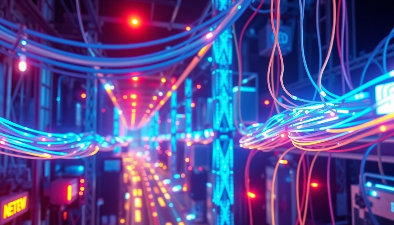 A complex, glowing 3D illustration of illuminated telecommunications cables, servers, and network nodes, representing the critical digital backbone of a modern city's infrastructure.