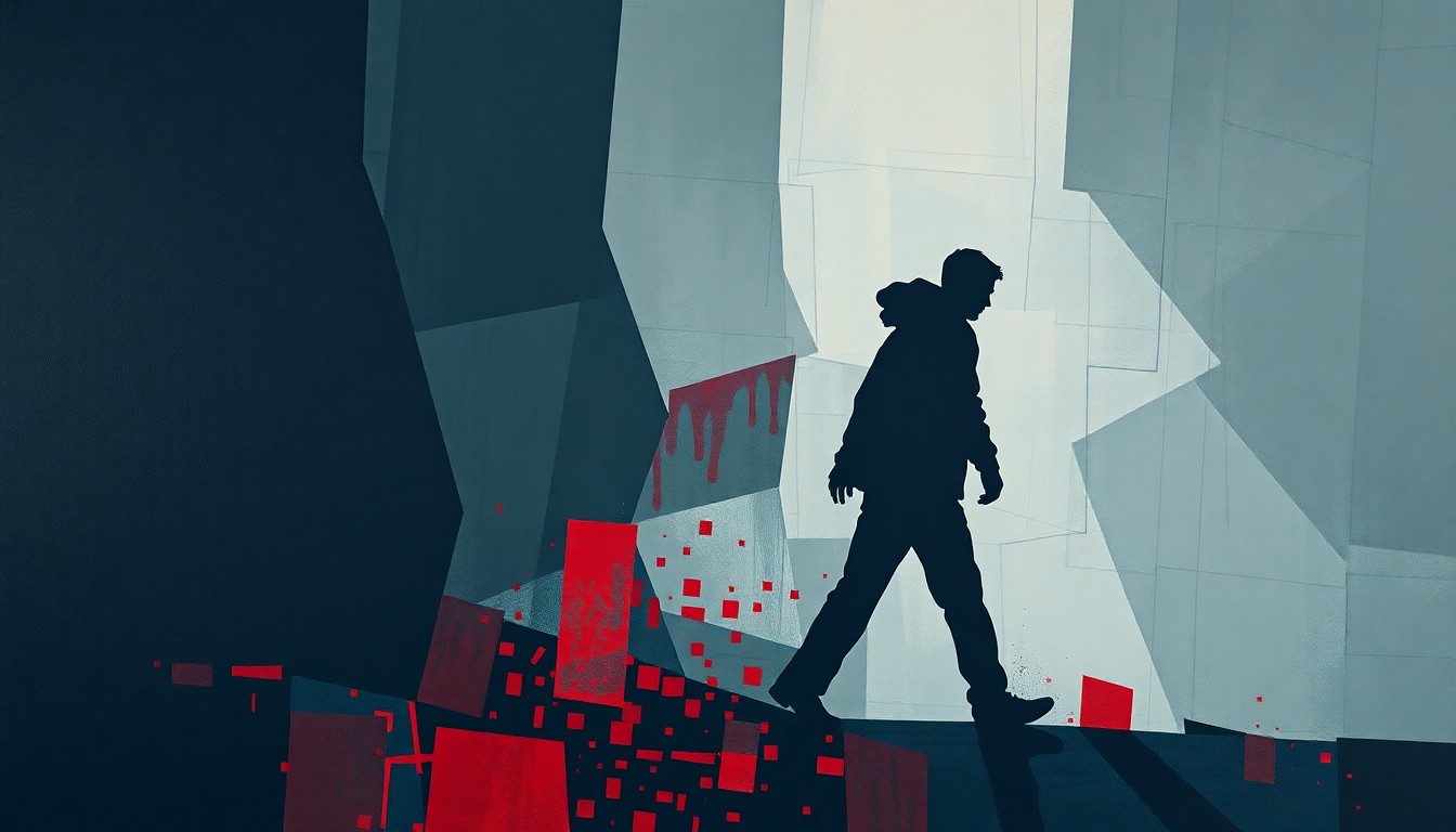 A conceptual, abstract painting in a fractured, geometric style, with overlapping waves of dark blue, grey, and red colors, depicting the silhouette of a person being deported, conveying the chaotic and disruptive nature of the administration's deportation policies.