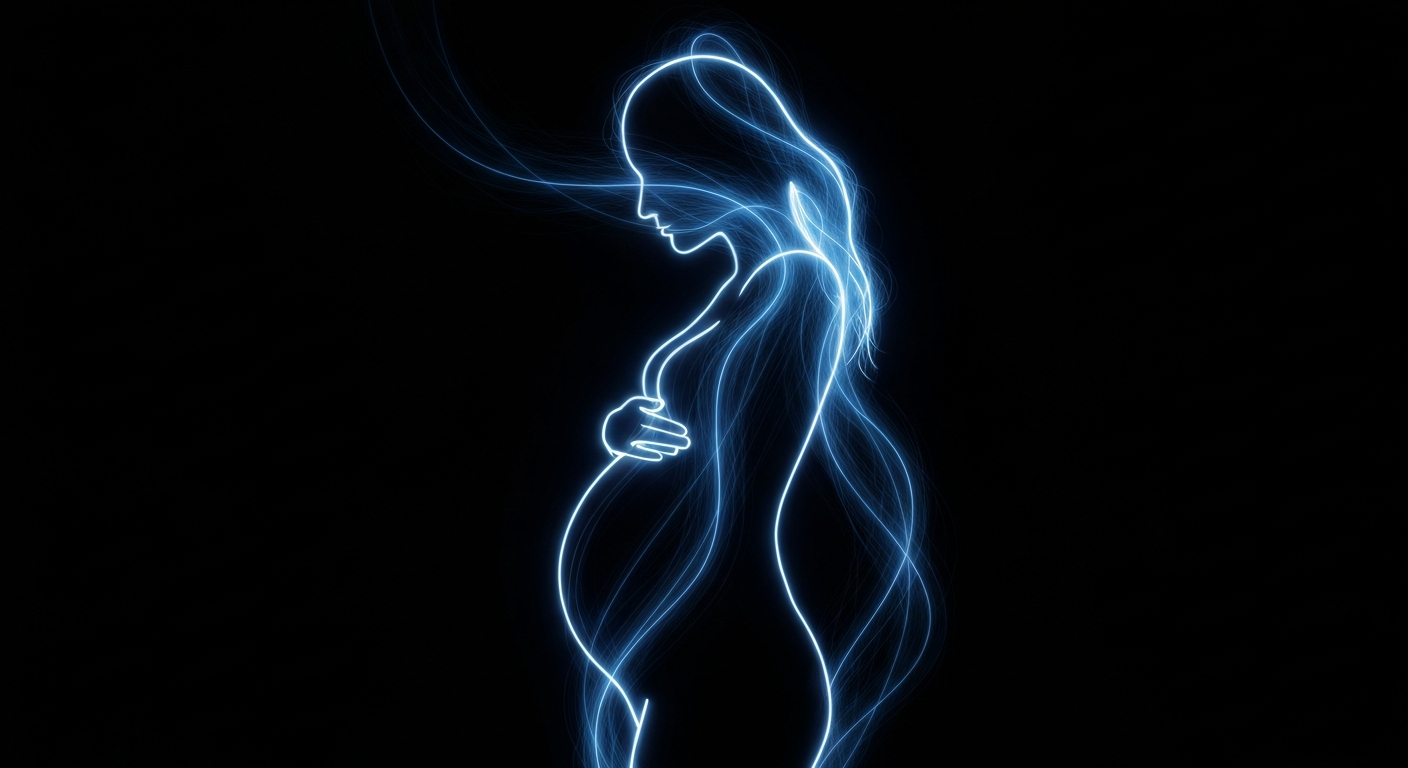 A vibrant, minimalist illustration of a pregnant woman's form defined by glowing neon lines against a dark background, capturing the energy and movement of pregnancy.