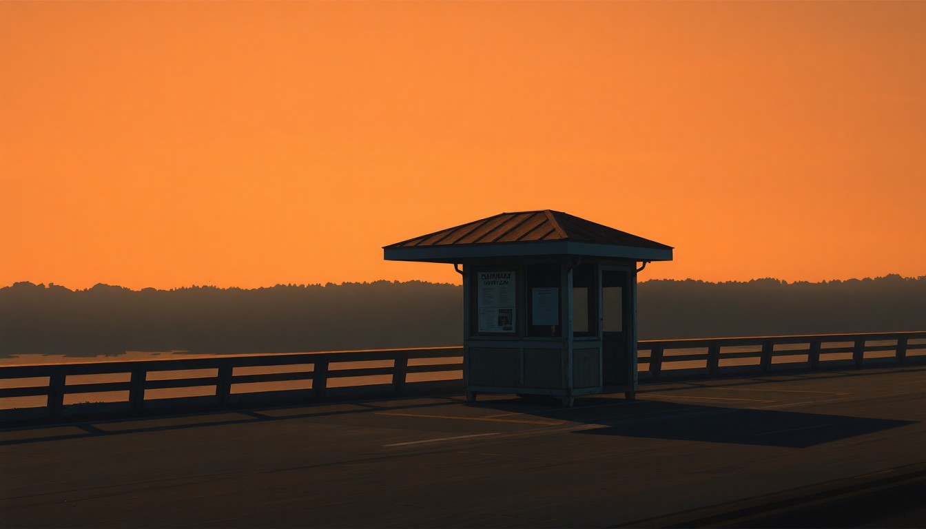 A photorealistic painting of an old, dilapidated toll booth structure on a bridge, with warm lighting and deep shadows creating a nostalgic, cinematic mood that evokes the bridge's importance to the local community.