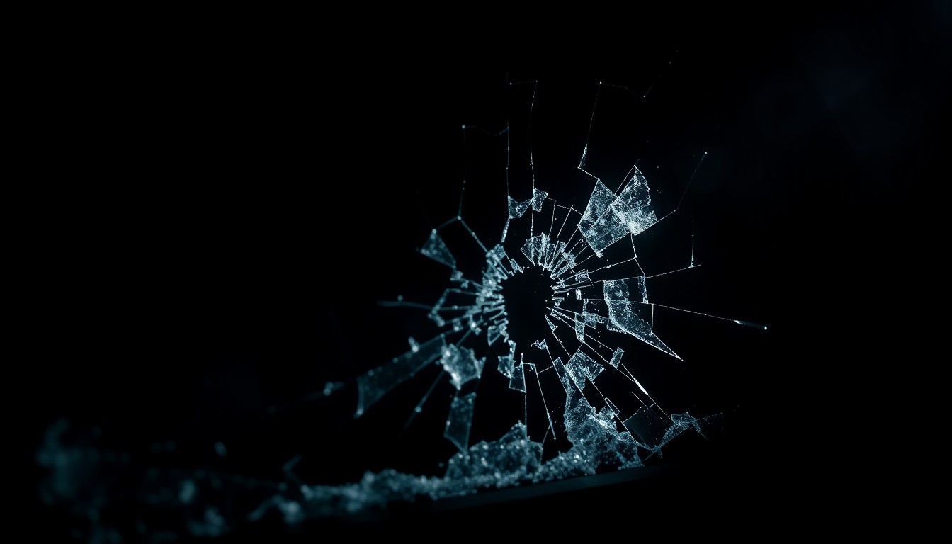 An extreme close-up of shattered car window glass reflecting a harsh, direct camera flash, conceptually illustrating the aftermath of a vehicle break-in.