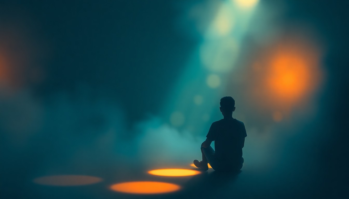 An extremely abstracted, out-of-focus photograph shot through condensation or rain-streaked glass, composed of soft pools of warm color and light, depicting a serene scene of a person sitting in a dimly lit room, conveying a sense of peaceful refuge and contemplation.