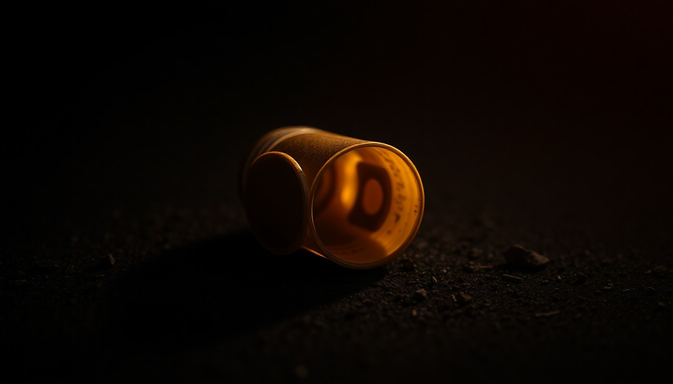 An extreme close-up of a single spent shell casing on a dark, textured surface, dramatically lit by a harsh camera flash to create a stark, gritty, investigative aesthetic without words.
