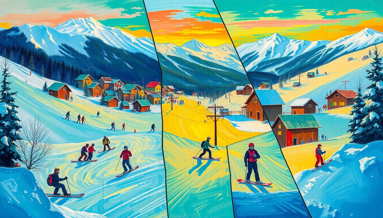 A cubist, geometric painting depicting skiers and snowboarders on the slopes, with Easter-themed decorations and celebrations in the background, all broken down into sharp, overlapping planes of vibrant color.