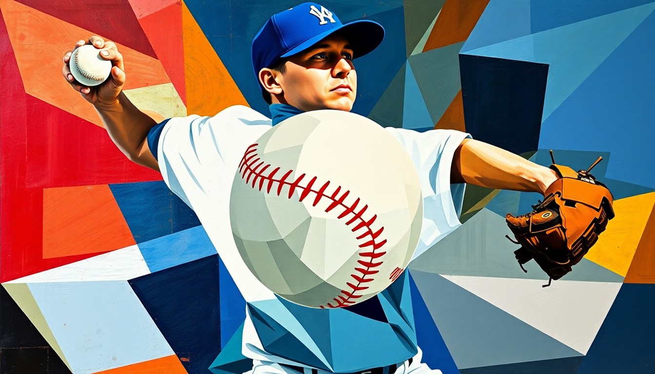 A fragmented, geometric painting depicting the motion of a baseball pitcher, with sharp planes and angles representing the explosive energy of the pitcher's delivery. The baseball itself is the central focal point, surrounded by the abstracted form of the pitcher.