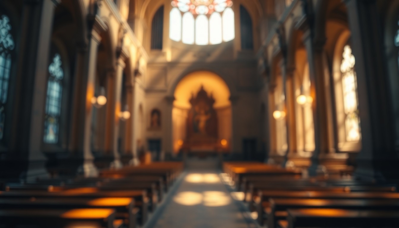 An abstract, impressionistic photograph of the interior of a church, with soft, blurred shapes of light and color creating a contemplative, spiritual mood.