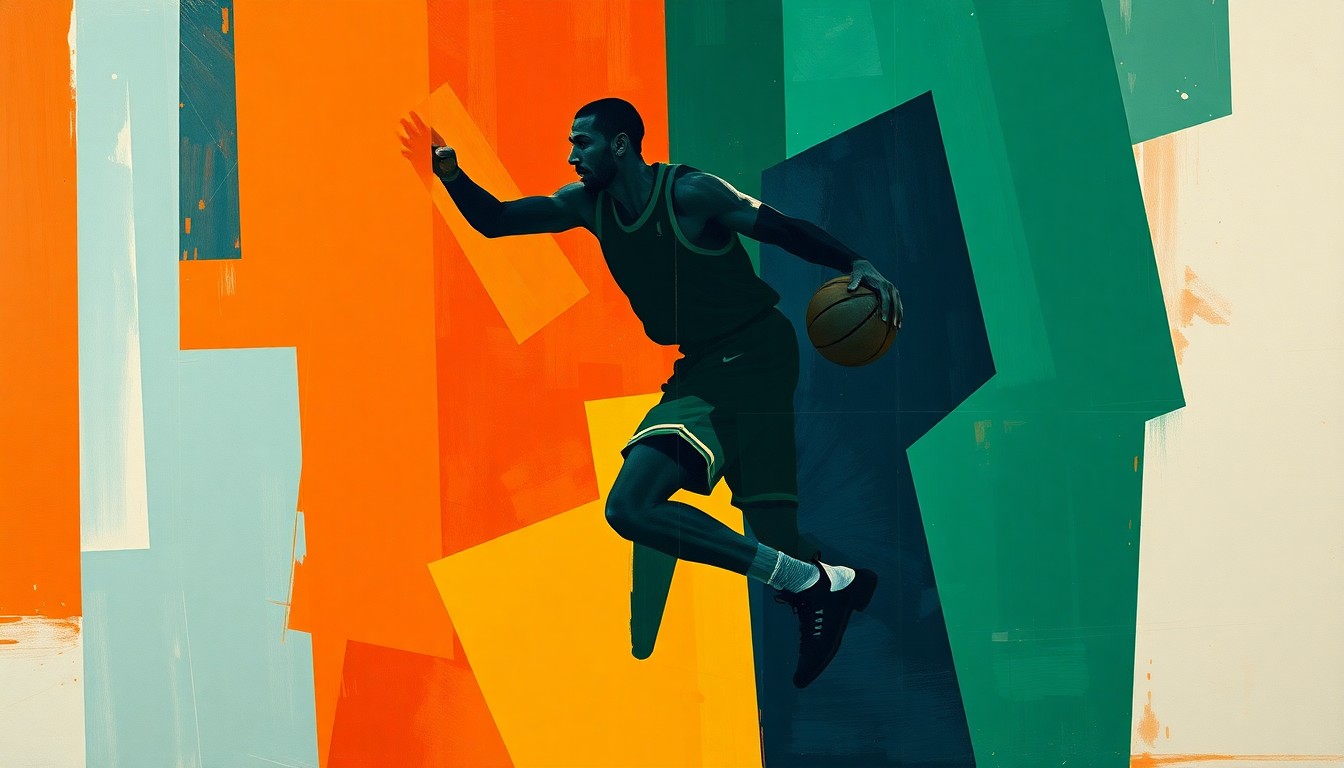 A cubist-style painting featuring fragmented, geometric shapes in navy, green, and orange hues that abstractly depict the silhouette and movements of a basketball player, conveying the concept of a player transitioning to a new team.