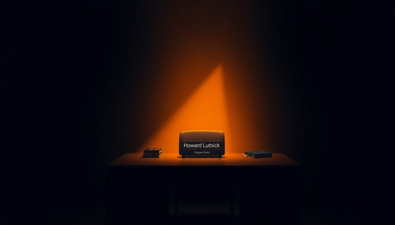 A dimly lit office desk with a nameplate that reads 'Howard Lutnick' sitting in a pool of warm, diagonal light, the rest of the room shrouded in deep shadows, conveying a sense of solitude and introspection.