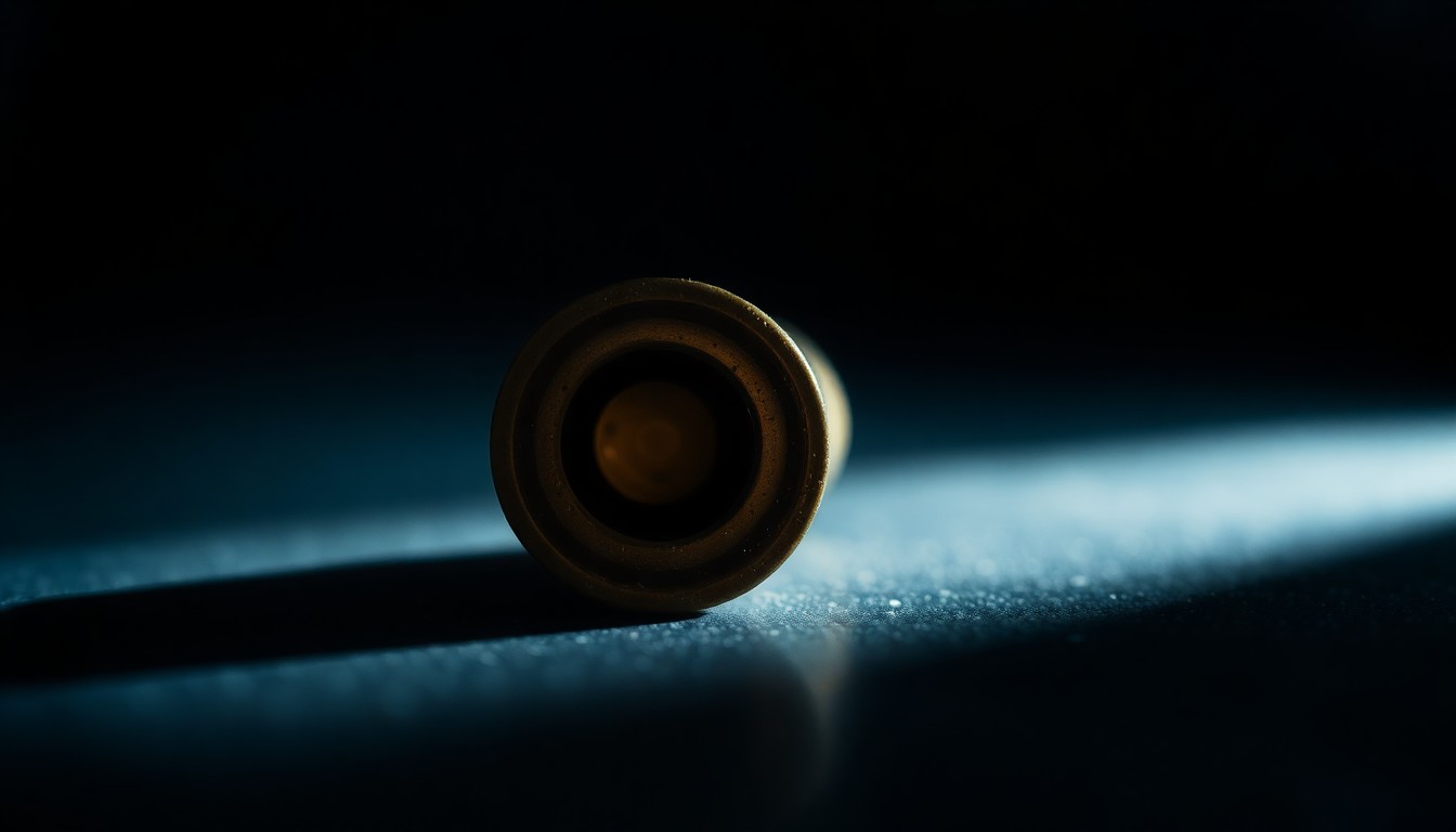 An extreme close-up of a spent shell casing on a dark surface, lit by a harsh, direct camera flash, conceptually representing the physical evidence from a shooting incident.