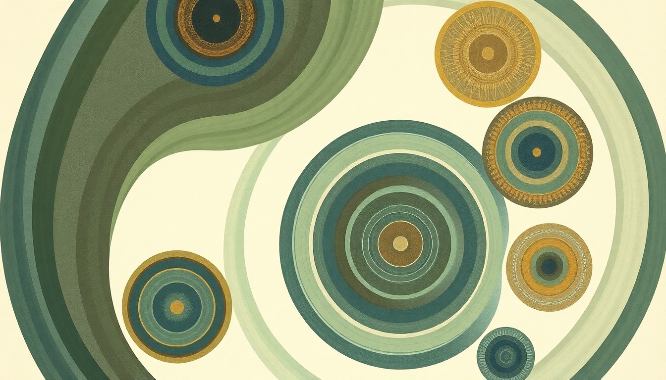 A bold, abstract painting in muted earth tones, featuring sweeping geometric arcs, concentric circular forms, and precise botanical spirals, conceptually representing the complex developmental forces that shape the stripe patterns of clownfish.