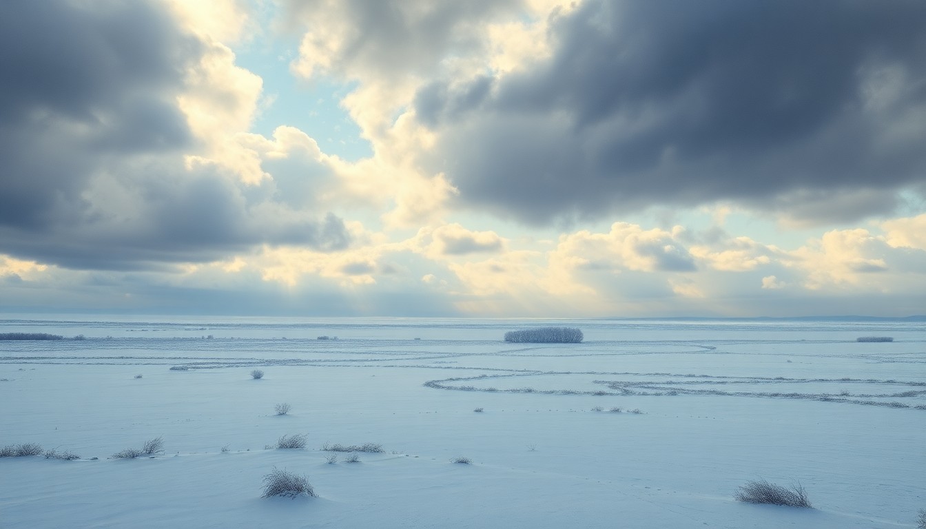 A vast, atmospheric landscape painting in muted tones of white, gray, and blue, depicting a frozen, snow-covered field under a dramatic, cloudy sky. The scene conveys a sense of the overwhelming power and scale of nature, with the frozen landscape dwarfing any small, obscured structures or objects.