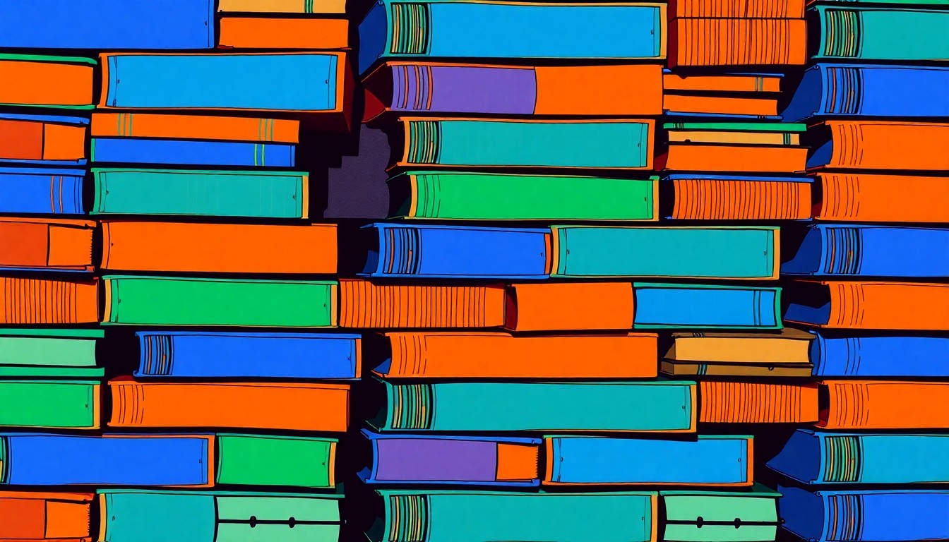 A brightly colored, high-contrast silkscreen print of a stack of books in various shades of blue, green, and orange, repeated in a tight grid pattern, conceptually representing the diverse literary works showcased at the Benicia Local Author Book Festival.