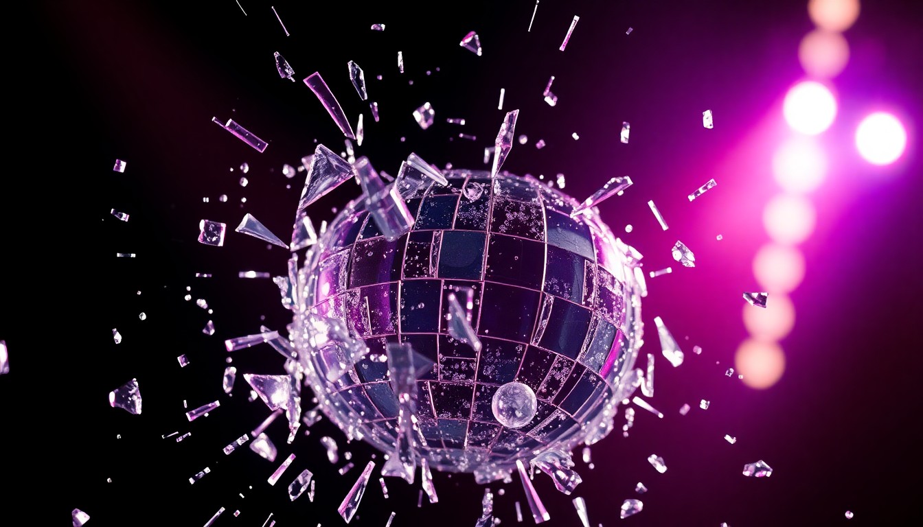 An extreme close-up of shattered, glittering glass reflecting dramatic studio lighting, conceptually representing the bold, defiant energy of indie pop music.