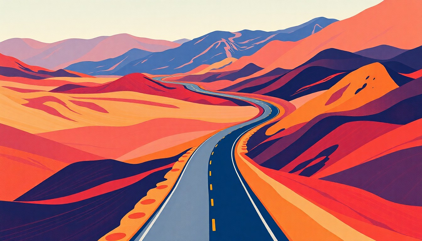 An avant-garde painting featuring a winding highway cutting through a desert landscape, the road repeated in overlapping, fractured, geometric waves of warm, earthy colors, conceptually representing the tensions and complexities surrounding the proposed infrastructure project.
