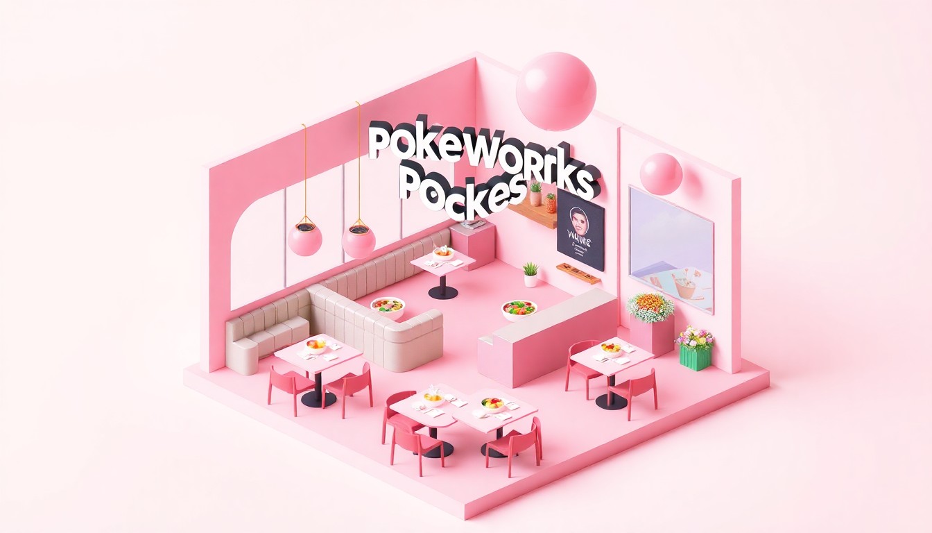 A clean, modern isometric 3D illustration depicting the interior of a Pokeworks restaurant, with geometric shapes representing tables, chairs, and poke bowls floating on a pastel background, conceptually representing the brand's expansion into a new market.