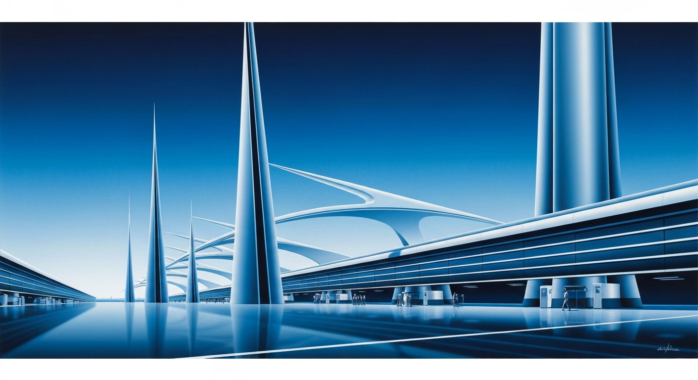 A highly stylized, geometric illustration depicting the sweeping architecture and grand scale of an airport terminal, rendered in shades of blue and silver with smooth, airbrushed gradients and sleek, streamlined forms.