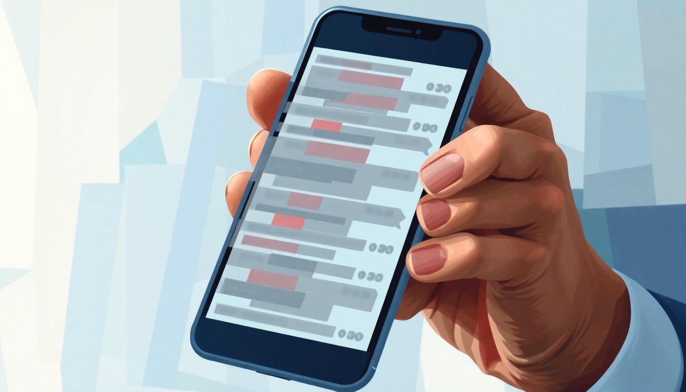 A fragmented, abstract painting depicting a politician's hand holding a smartphone, the screen displaying a series of overlapping, blurred text messages in shades of blue, grey, and red, conveying the chaotic and scandalous nature of the situation.