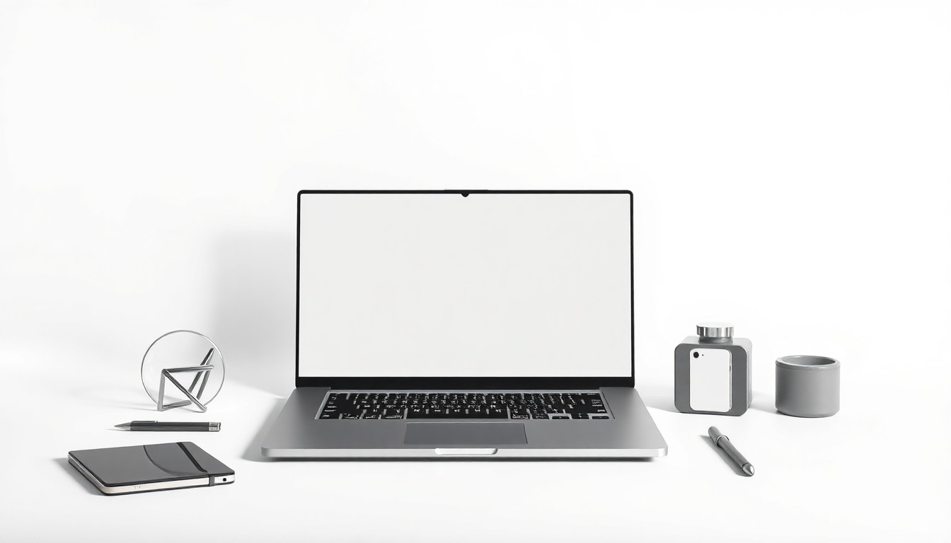 A minimalist, high-end studio still life photograph featuring a sleek laptop, stylized mobile phone, and geometric office supplies arranged elegantly on a clean white background, conceptually representing Pattern's focus on corporate strategy and technology innovation.