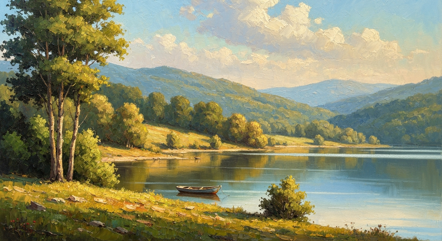 A textured oil painting landscape depicting a serene lakeside scene with a small boat floating on the calm waters, surrounded by lush, verdant trees and rolling hills, capturing the natural beauty and tranquility of the location.