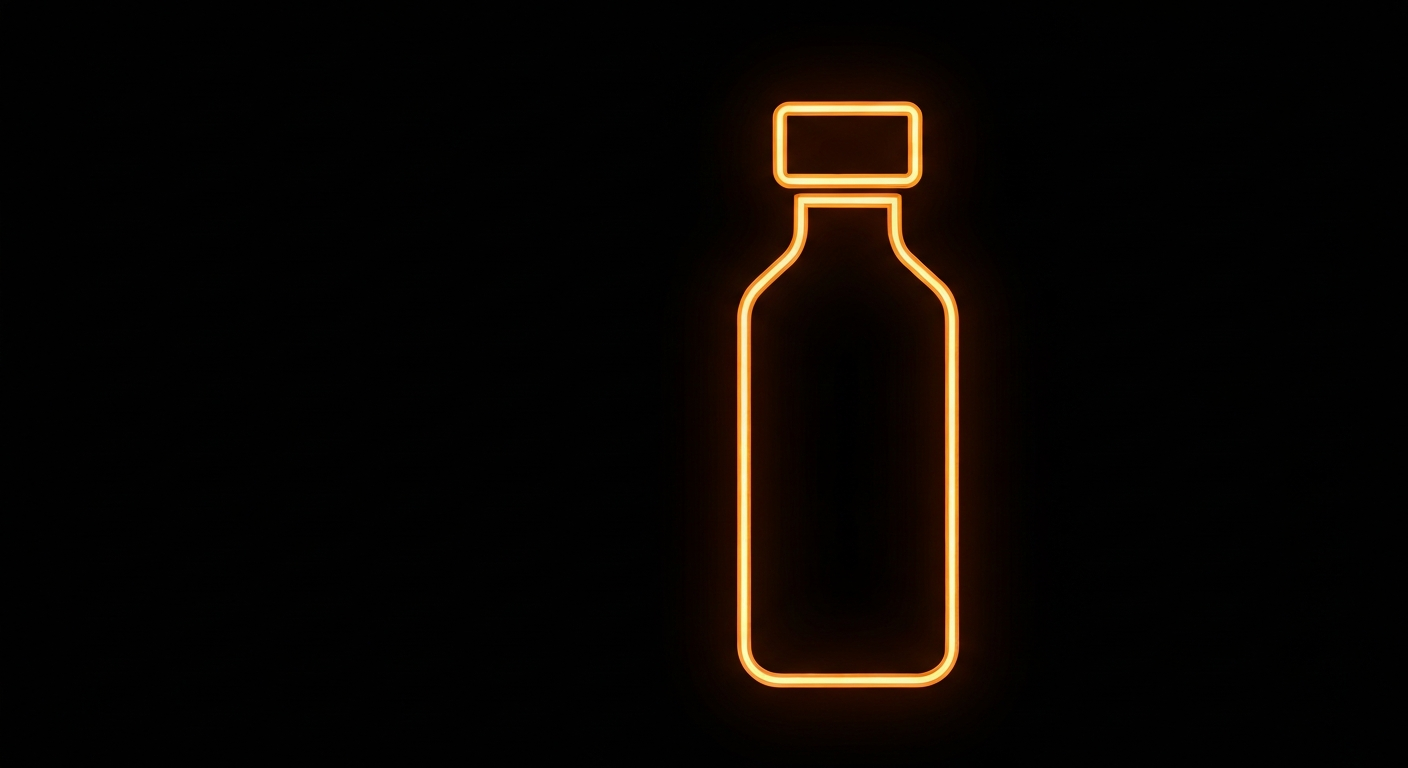 A minimalist neon outline of a medicine bottle glowing against a dark background, conveying the concept of proper medication disposal.