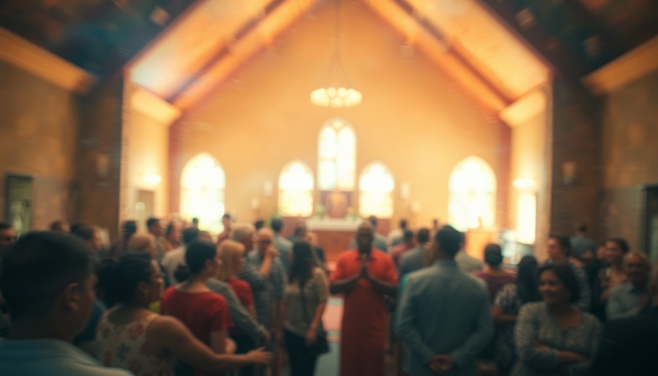 An abstract, soft-focused image of a group of people gathered in a warm, blurred setting, conveying a sense of spiritual connection and community empowerment.