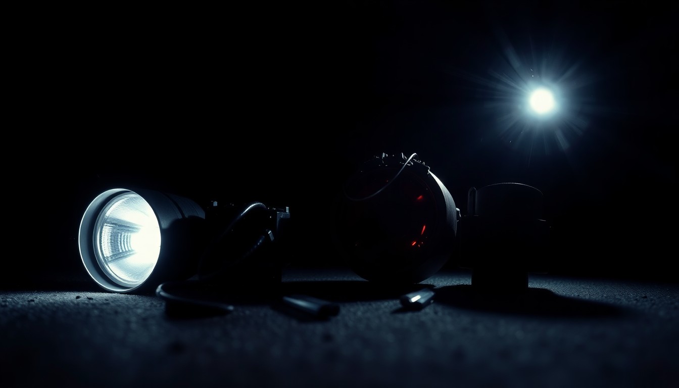 An extreme close-up photograph of a set of damaged car sensors and lenses, lit by a harsh, direct camera flash against a pitch-black background, conceptually representing the aftermath of a high-speed chase and vehicular vandalism.
