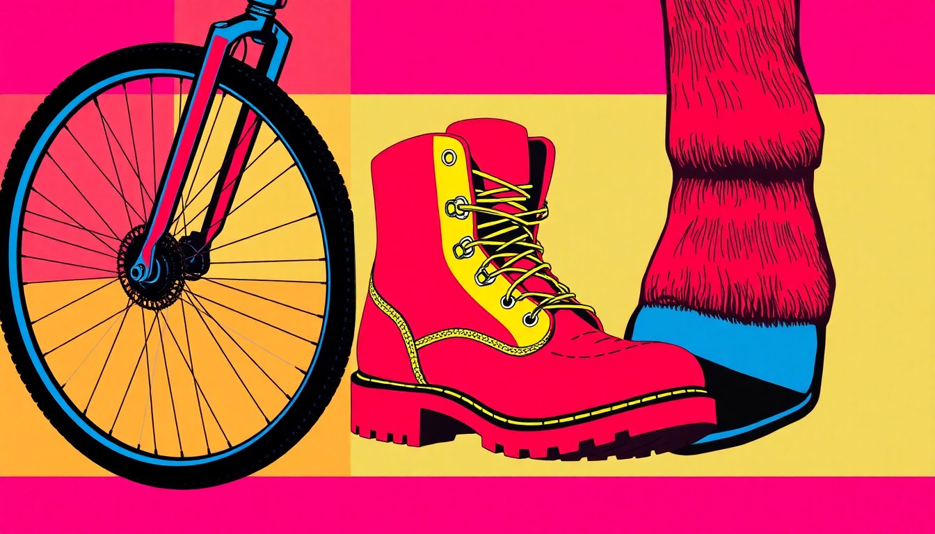 A brightly colored, high-contrast silkscreen print of a mountain bike wheel, hiking boot, and horse hoof repeated in a tight grid pattern, conceptually representing the diverse recreational uses and competing interests on the trails of Mount Tamalpais.