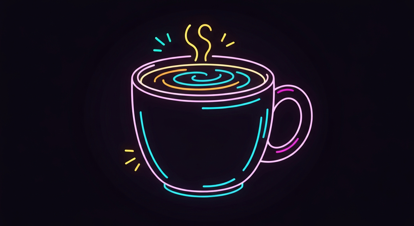 An abstract illustration featuring a glowing neon outline of a coffee mug against a dark background, conveying the energetic and vibrant nature of a coffee-based supplement.