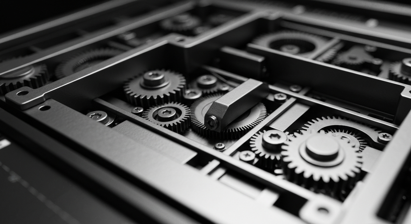 An extreme close-up of the internal machinery and components of a stock trading terminal, rendered in high contrast black and white. The complex, industrial design of the device represents the sophisticated financial infrastructure powering modern markets.
