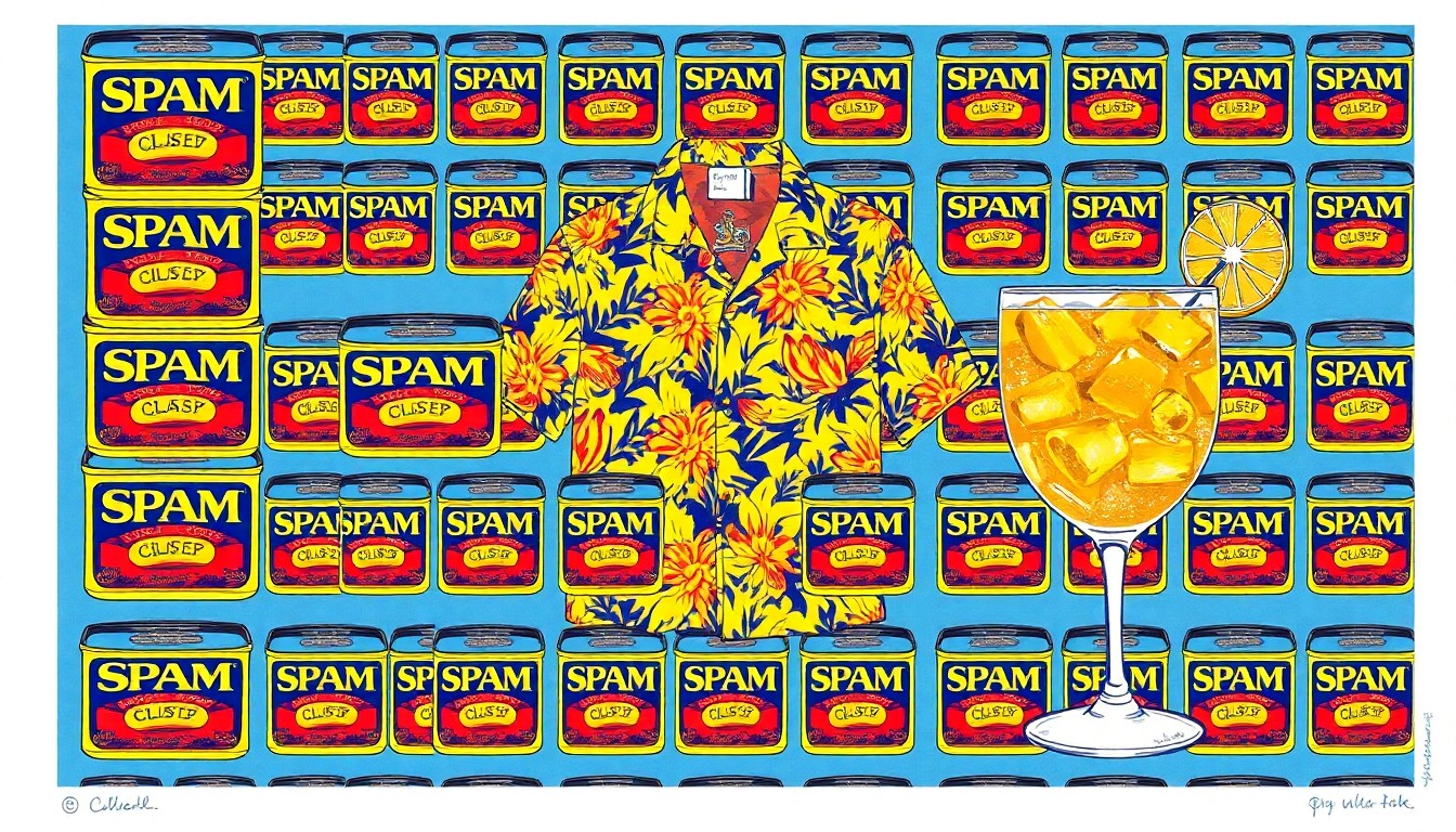 A colorful, abstract grid of iconic lifestyle objects like Spam cans, Hawaiian shirts, and cocktail glasses, conceptually representing the diverse food, drink, and community offerings of the closed Portland establishments.