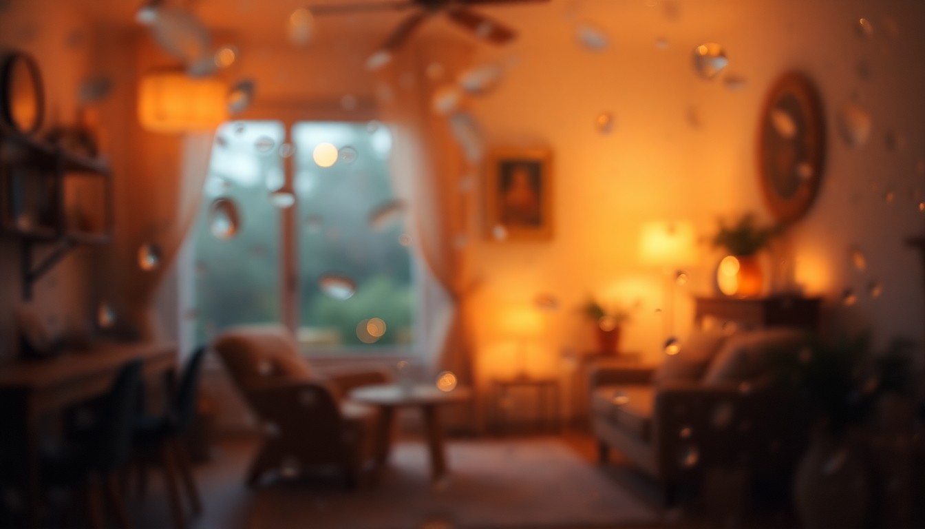 An extremely blurred, impressionistic photograph showing a warm, cozy interior scene with soft, glowing pools of light and color, conveying a sense of comfort and belonging.