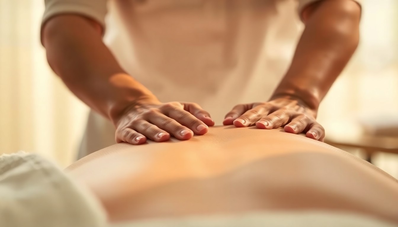 An abstract, out-of-focus photograph depicting the hands of a massage therapist gently massaging a client's back, captured in a warm, hazy light.