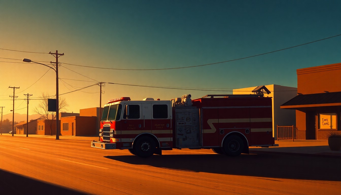 A photorealistic painting of a solitary fire truck parked on a deserted street in Edgewood, New Mexico, with warm sunlight and deep shadows creating a cinematic, nostalgic atmosphere that reflects the town's uncertain future without emergency services.