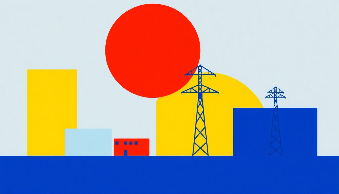 An abstract illustration using bold geometric shapes and primary colors to conceptually represent the financial strain of rising utility costs on consumers.