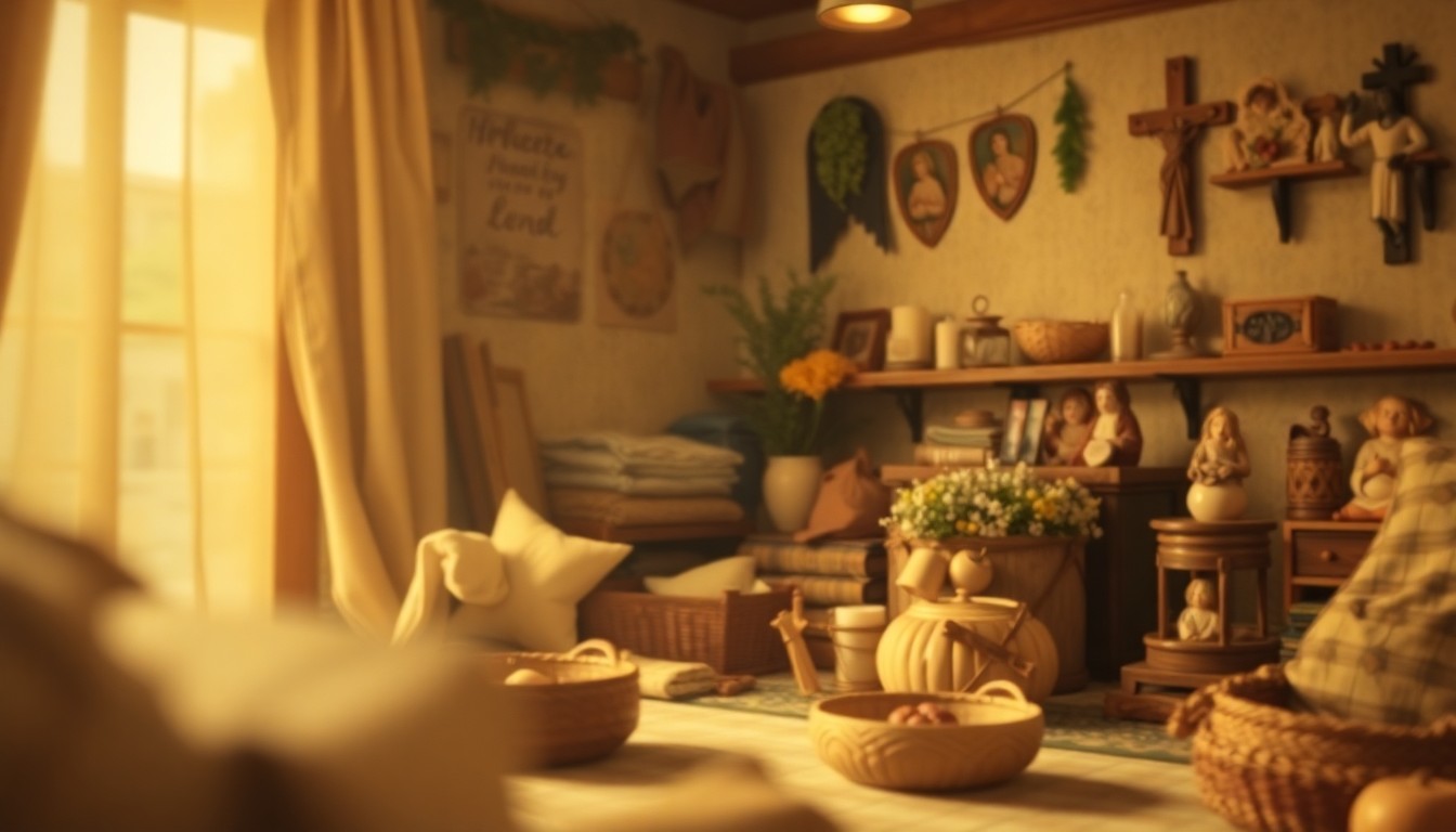 An abstract, out-of-focus photograph in soft, warm tones depicting a blurred scene with hints of crafting supplies, religious imagery, and homey details, conveying a sense of comfort, community, and the passage of time.