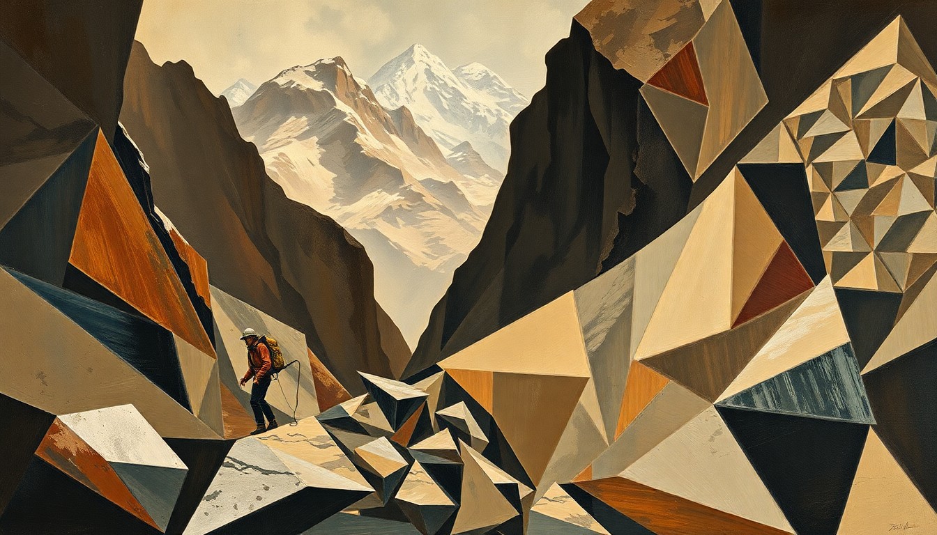 A cubist-style painting depicting a dramatic mountain rescue scene, with sharp geometric planes of earth-toned colors representing the rocky landscape and the helicopter extracting climbers.