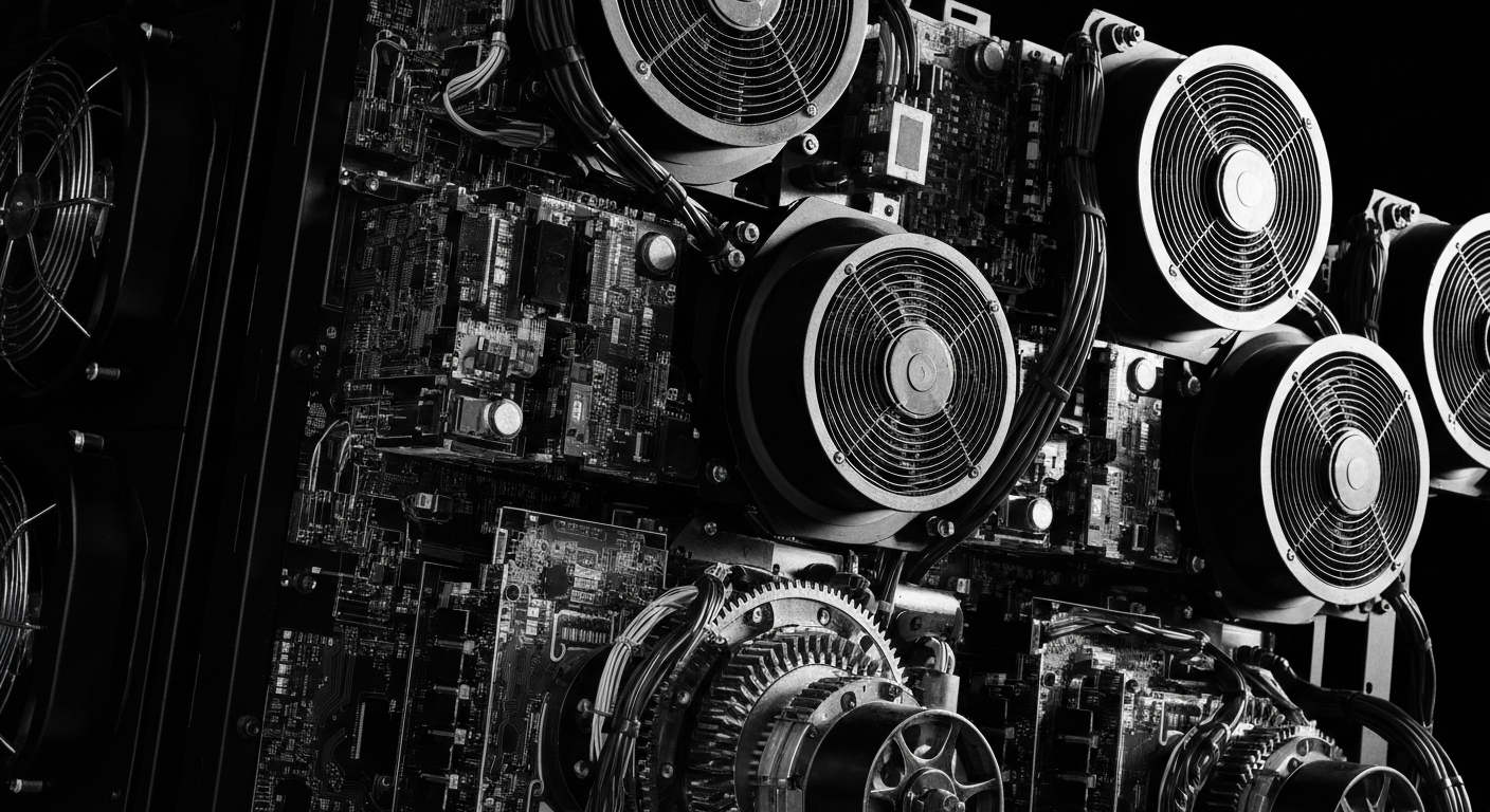 A black and white close-up image of the intricate inner workings of a large cryptocurrency mining rig, with gears, circuits, and cooling systems visible, conveying the industrial scale and technical sophistication of modern digital asset mining.