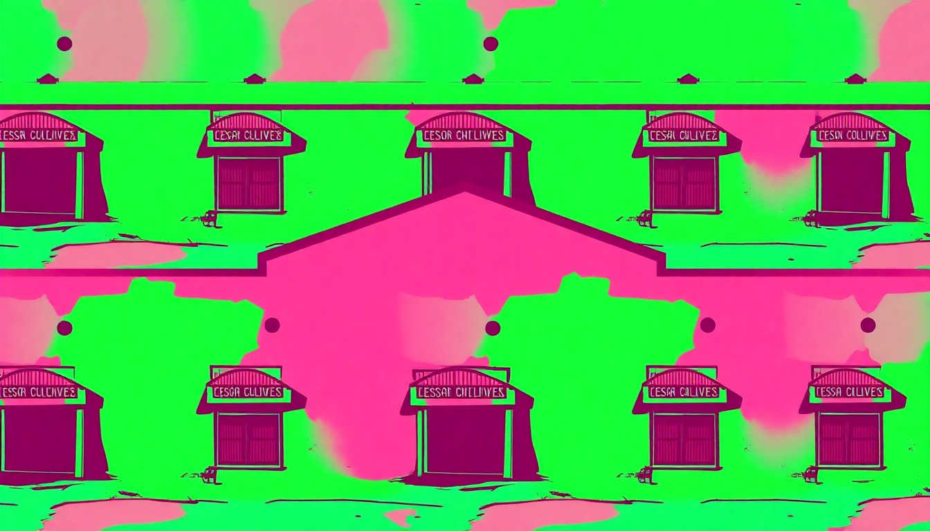 A high-contrast, silkscreen-style illustration of a school building or mural featuring the image of César Chávez, repeated in a grid pattern with vibrant, unnatural colors and heavy black outlines, conceptually representing the controversy surrounding his legacy.