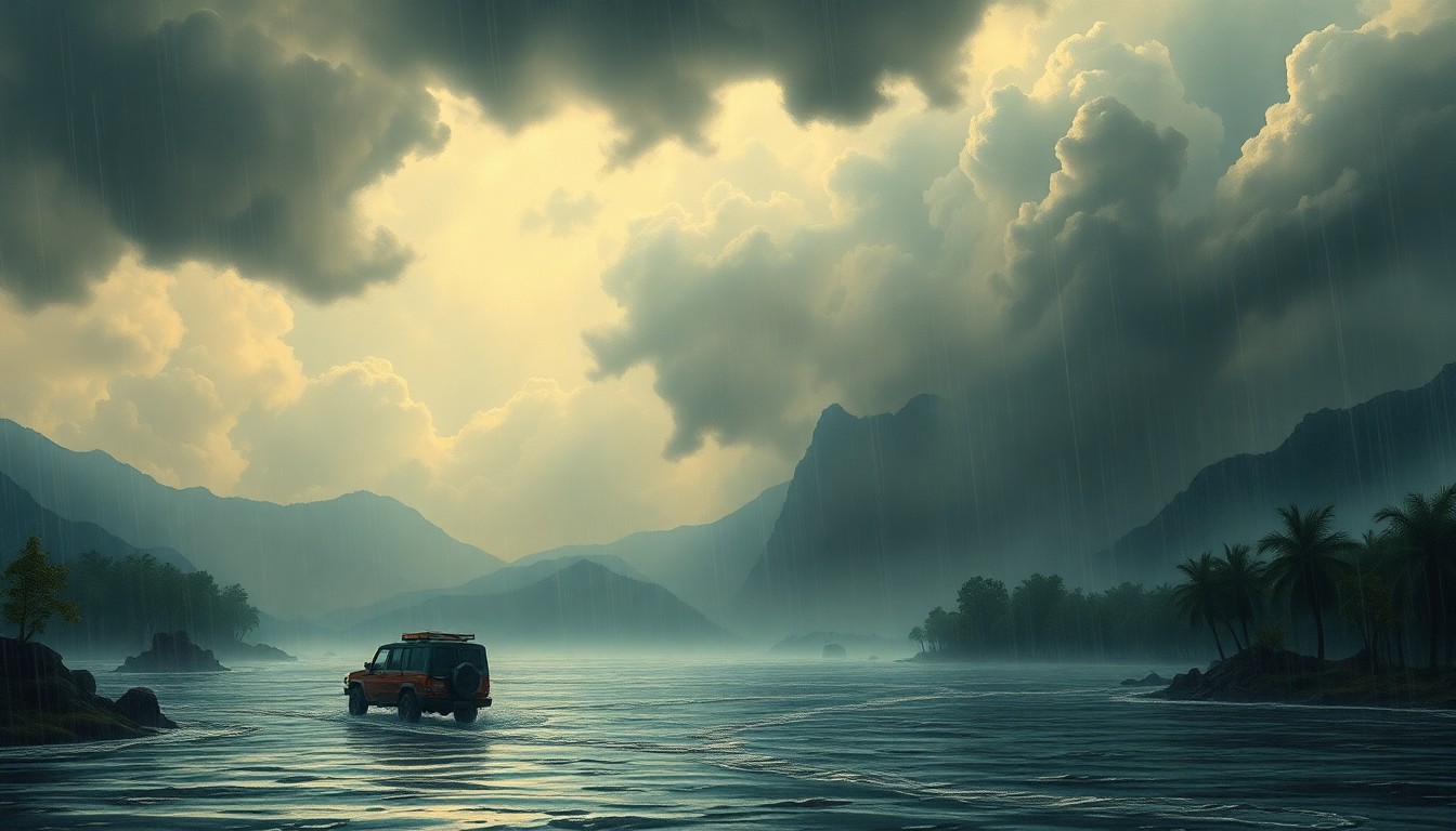 A sweeping, atmospheric landscape painting depicting a flooded urban area, with buildings and vehicles barely visible through the hazy, rain-soaked environment.