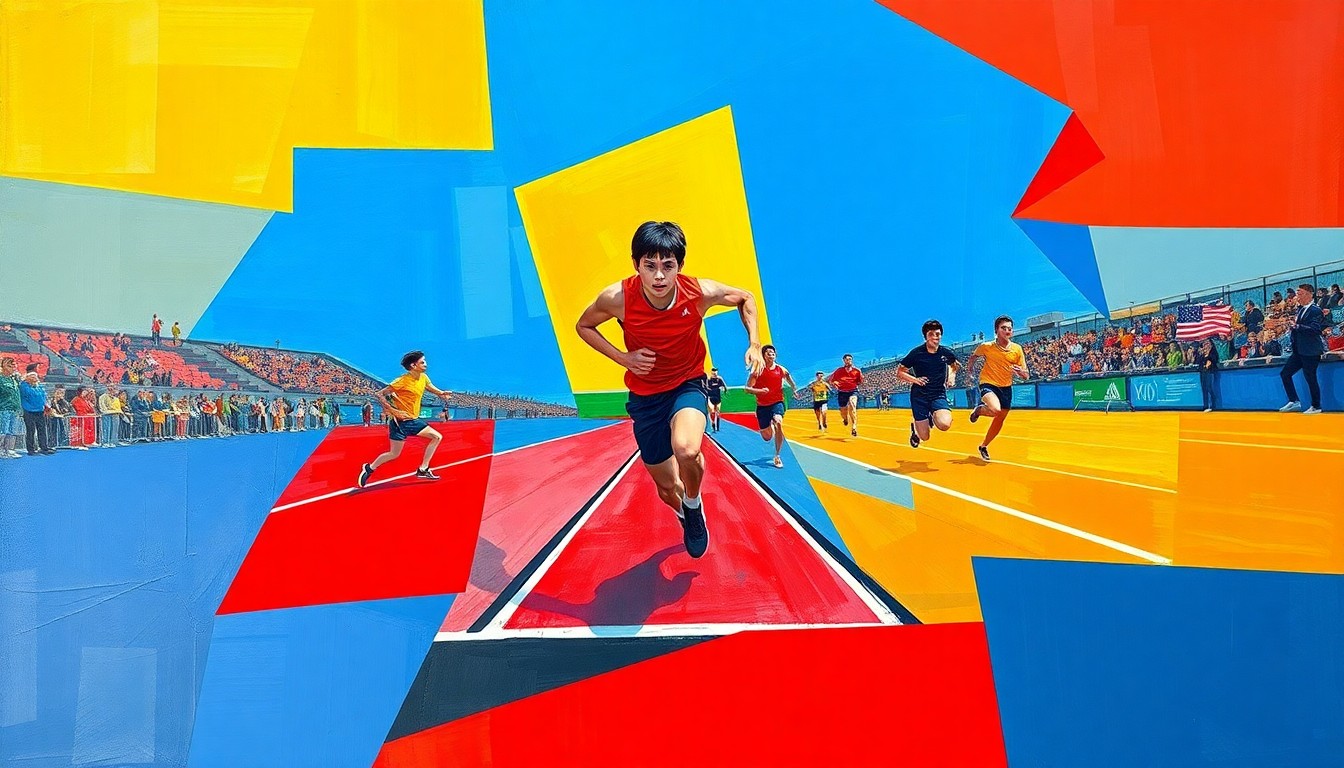 A fragmented, cubist-style painting depicting the dynamic movements and competition of a high school track and field event, with sharp planes of bright blue, red, and yellow shapes overlapping to create a sense of energy and motion.