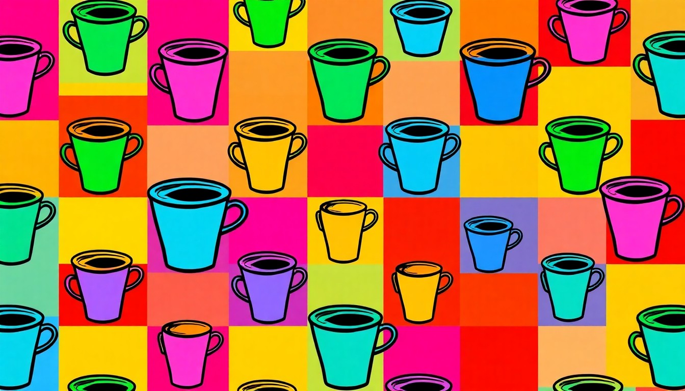A high-contrast, silkscreen-style illustration of a stylized coffee cup or espresso drink icon repeated in a grid pattern, using bright neon colors and bold black outlines to create a modern pop art effect.