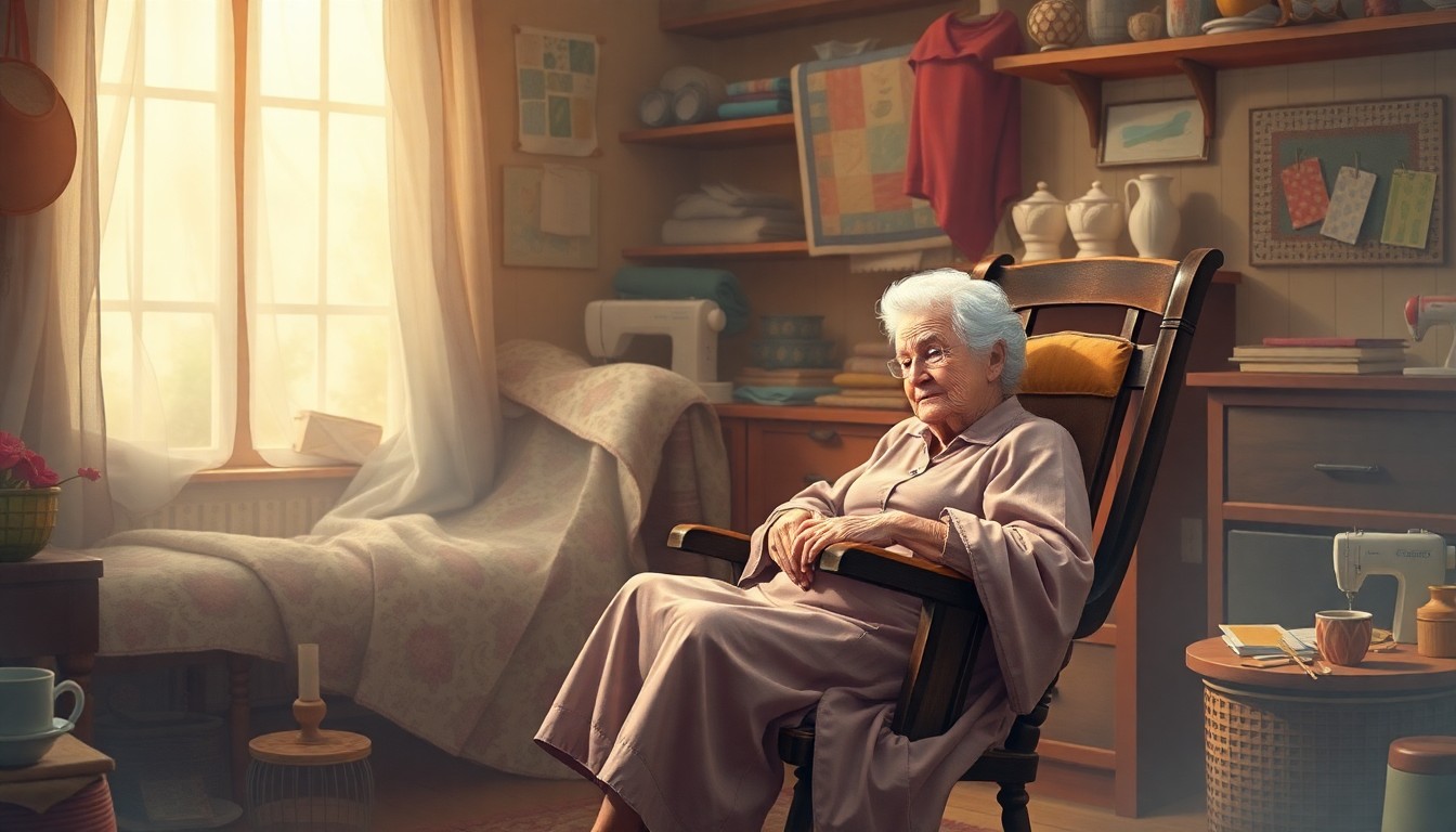 A softly focused, dreamy scene of an elderly woman's hands working on a quilt, surrounded by crafting supplies and materials in a warm, hazy glow, conceptually representing the legacy of a beloved local figure.