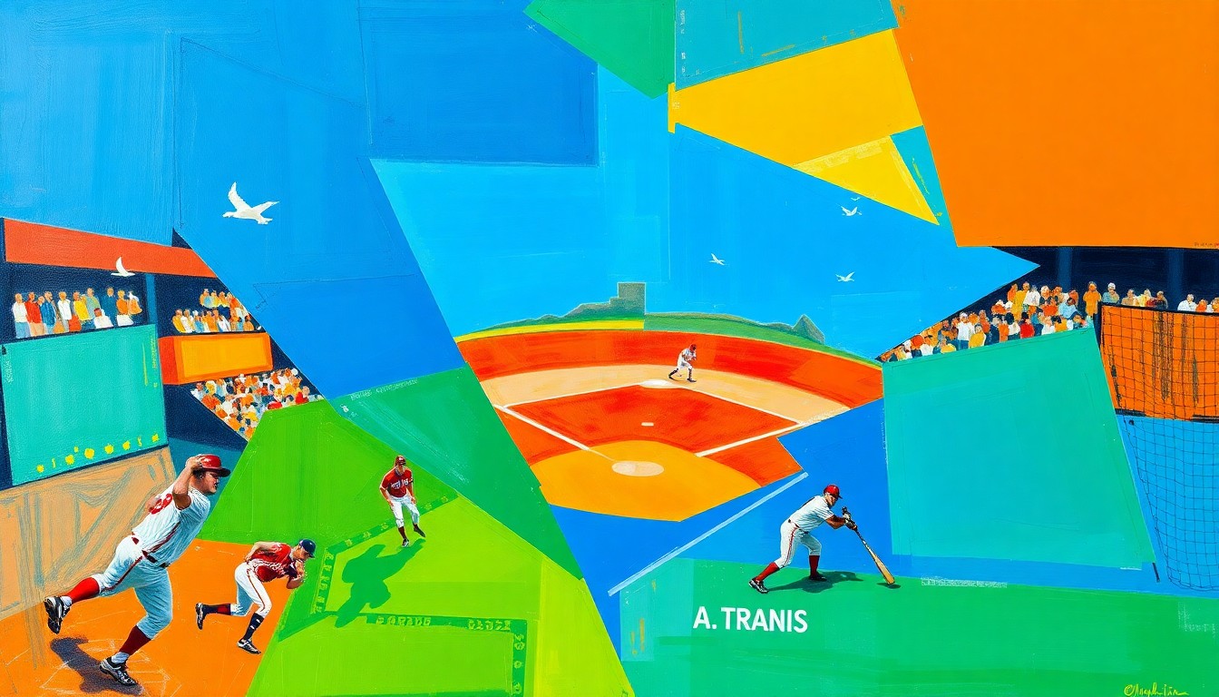 A fragmented, cubist-style painting depicting a baseball player in motion, with sharp geometric shapes and vibrant colors representing the dynamic energy of the sport.
