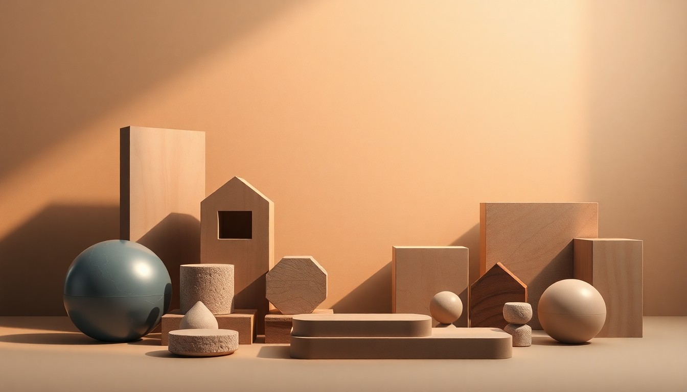 A high-end, photorealistic studio still-life featuring a collection of premium, polished geometric objects in muted earth tones and soft shadows, conceptually representing the abstract corporate strategy and financial considerations behind an affordable housing development project.