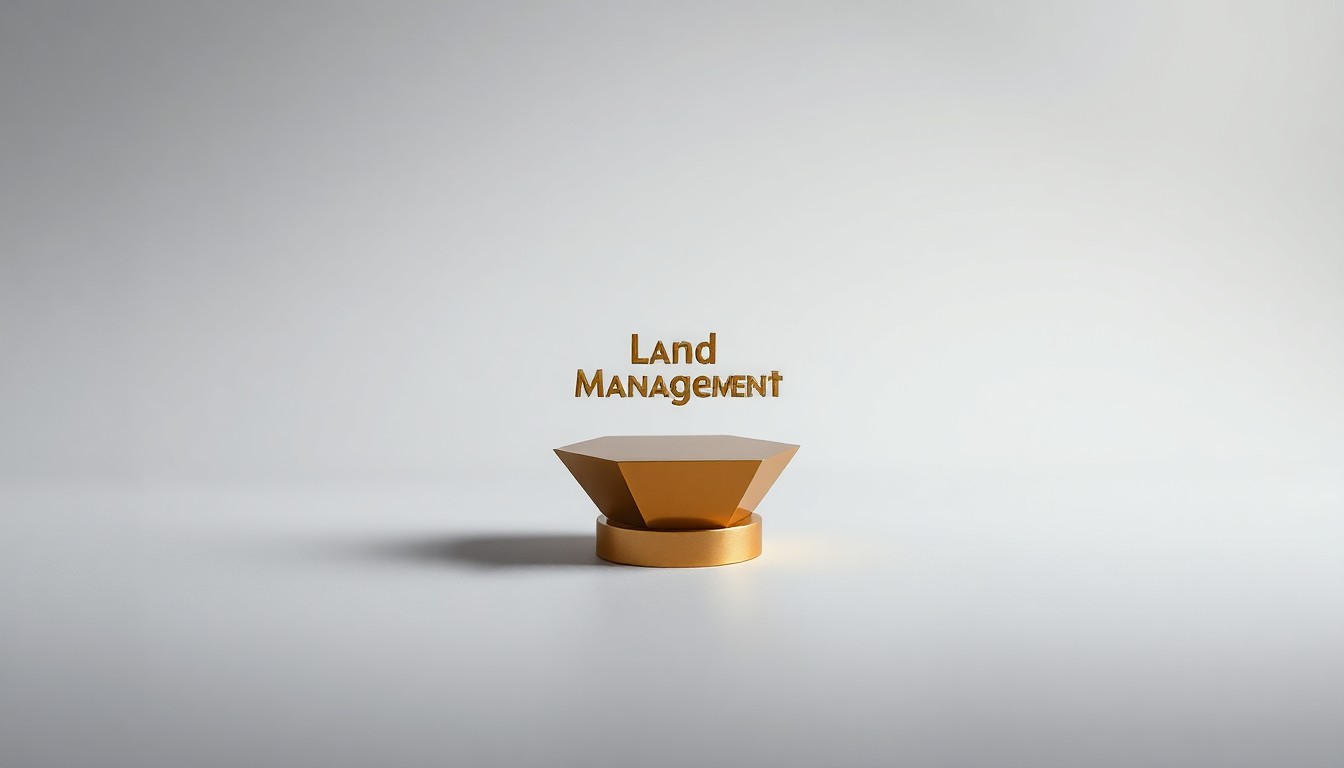 A minimalist, high-contrast studio photograph featuring a polished brass geometric sculpture or paperweight, representing the concept of land management, floating elegantly on a clean grey background.